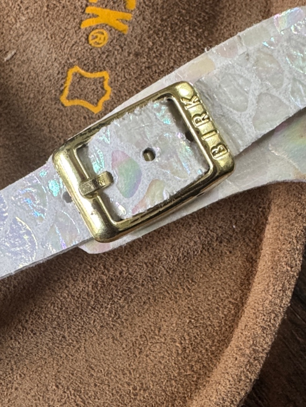 Birkenstock Iridescent White Multi-Print Sandals with Gold Buckles, Like New - Picture 8 of 14